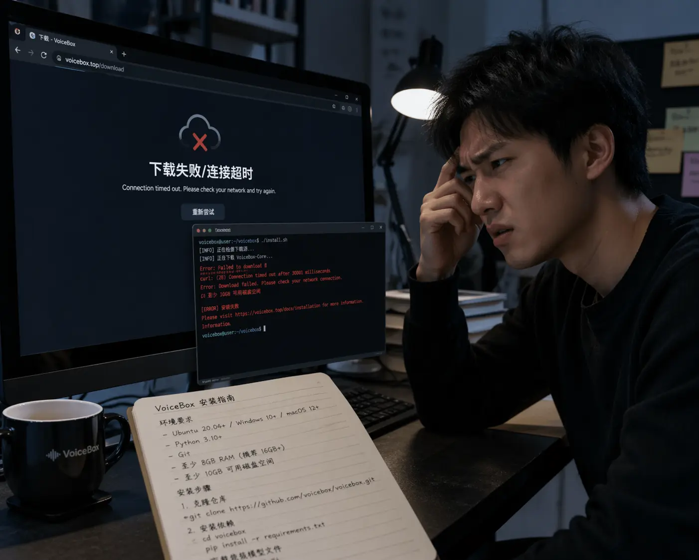 用户尝试下载VoiceBox遇到翻墙和配置困难，体现VoiceBox Web版无需下载无需翻墙的价值