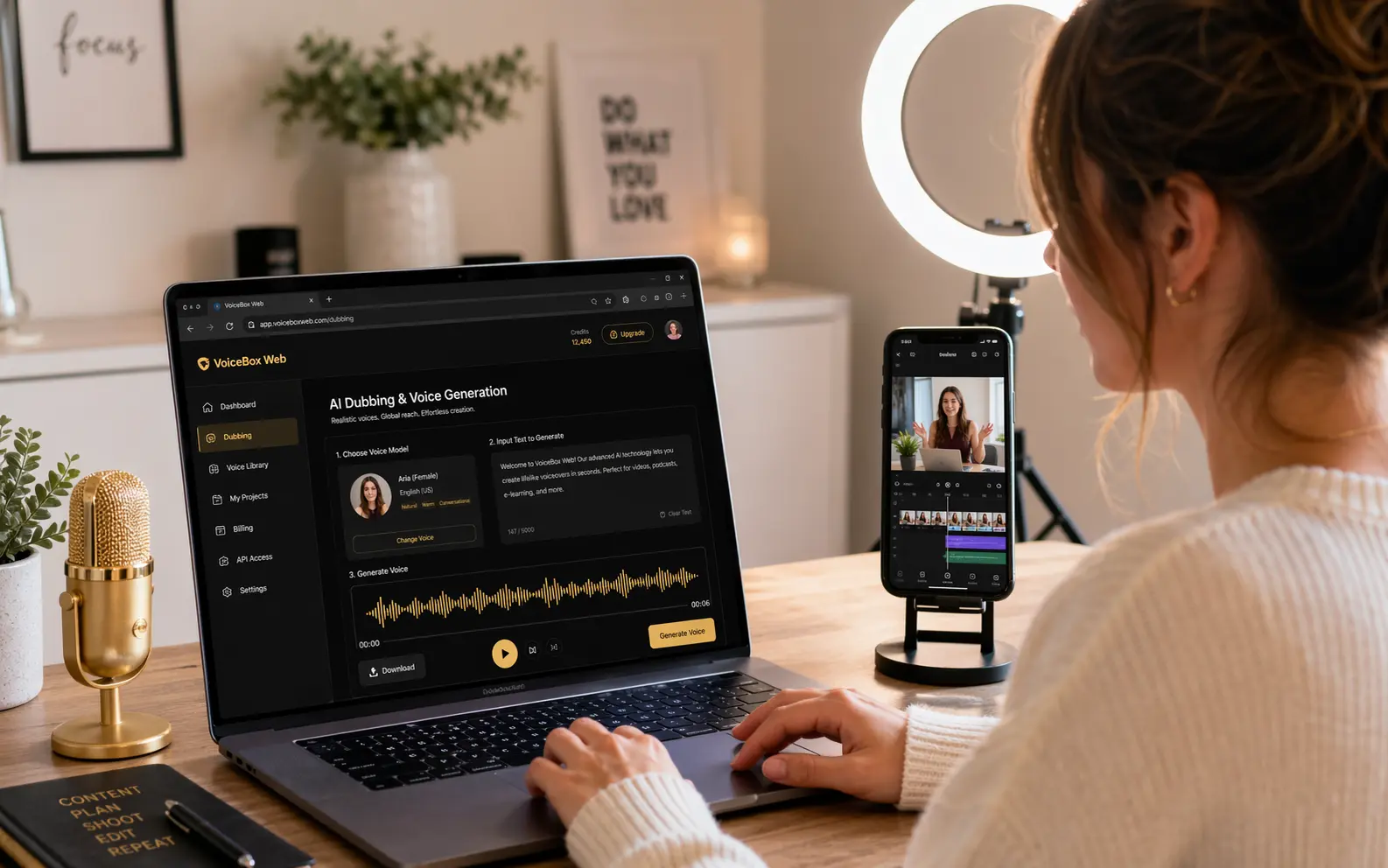 短视频博主使用VoiceBox Web版声音克隆功能为知识口播生成AI配音，无需下载