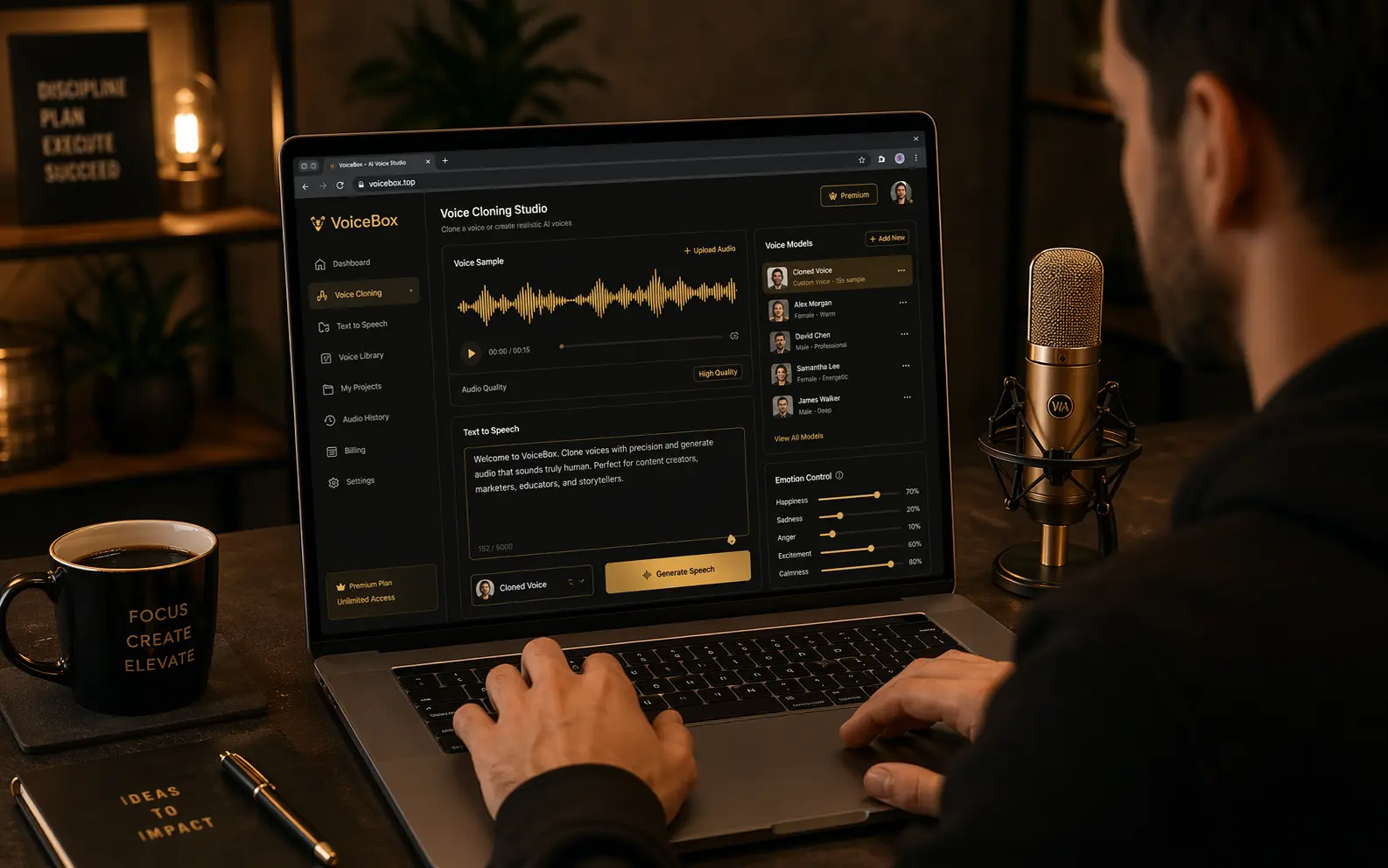 VoiceBox Web版在线声音克隆与AI配音操作界面，用户无需下载直接在浏览器中使用VoiceBox AI